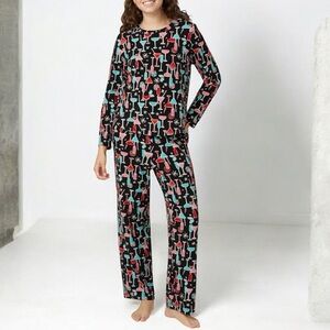 🆕 HUE 2-piece Waffle Knit Top & Pant winter/cocktail print Sleep Set *NWT* $68